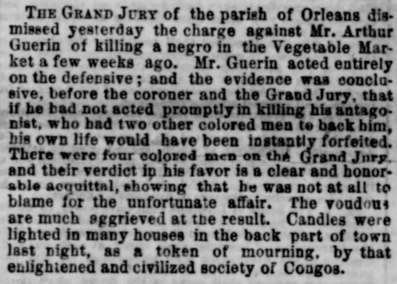 A newspaper clipping from the New Orleans Crescent reveals racial bias in its reporting of the event.