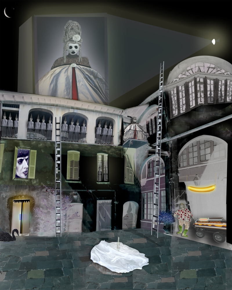 A surreal courtyard scene with ladders leaning against a building, a prominent figure wearing a mask and headdress, a dress displayed on the ground, and a car with a banana on the side. The scene is moonlit with an eerie atmosphere.