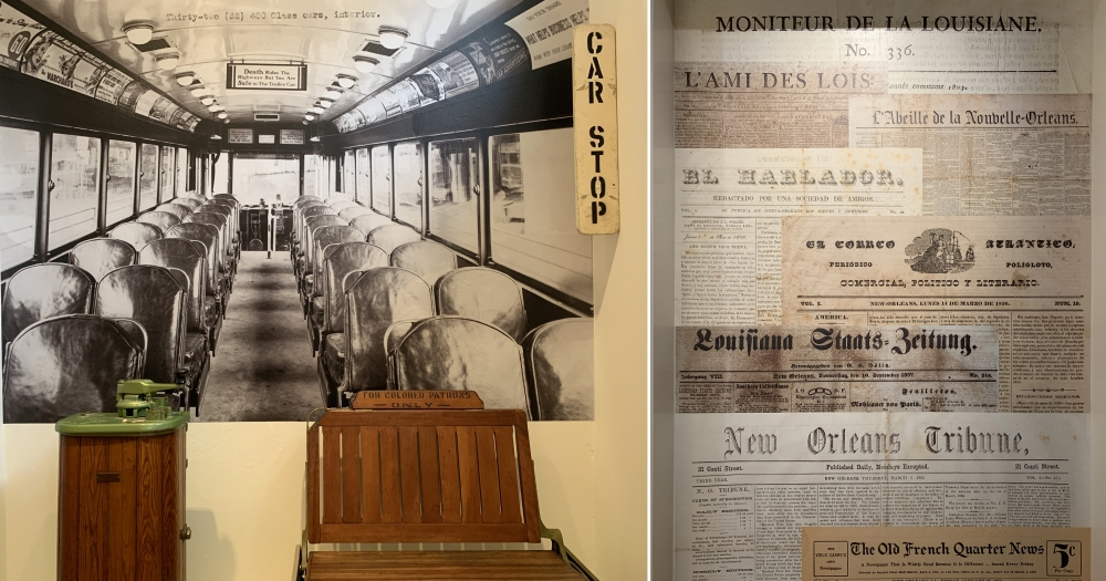 A vintage photograph of an empty bus interior is displayed on a wall. Adjacent, an exhibit showcases reproduced old newspaper pages, highlighting titles like Monitor de la Louisiane and New Orleans Tribune. A wooden bench and ticket machine are in the foreground.