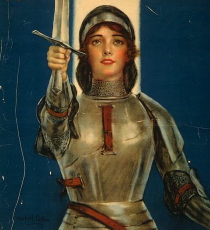 William Haskell Coffin’s 1918 painting of Joan, commissioned by the United States Treasury Department and used in a campaign urging women to buy war savings stamps (detail).