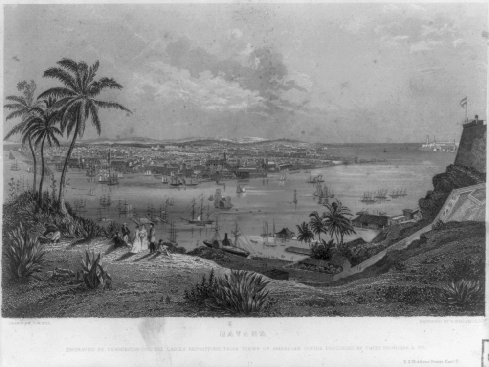 Black and white illustration of Havanas harbor, featuring numerous sailing ships and a bustling city in the background. Palm trees and people in the foreground overlook the water, with a fort visible to the right.