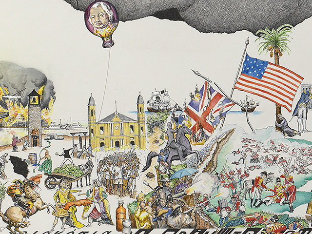 A colorful illustration depicting historical and whimsical scenes, including a hot air balloon, American and British flags, soldiers, and people in various activities. Buildings and a palm tree are also visible, with smoke and clouds in the background.
