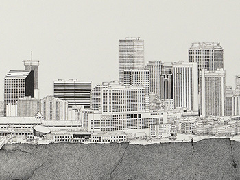A detailed black and white sketch of a cityscape, featuring a variety of tall buildings and skyscrapers. The intricate line work highlights architectural details and contrasts with a textured foreground, resembling a landscape.