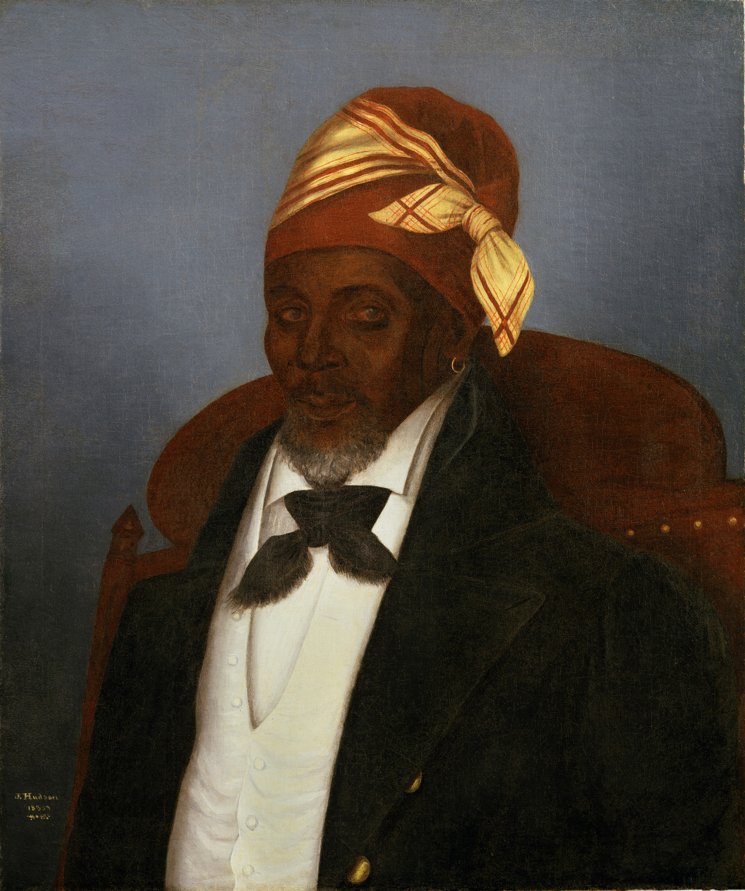 One of two portraits by Julien Hudson acquired by HNOC, depecting a Free Black man wearing a turban and a golden earring.