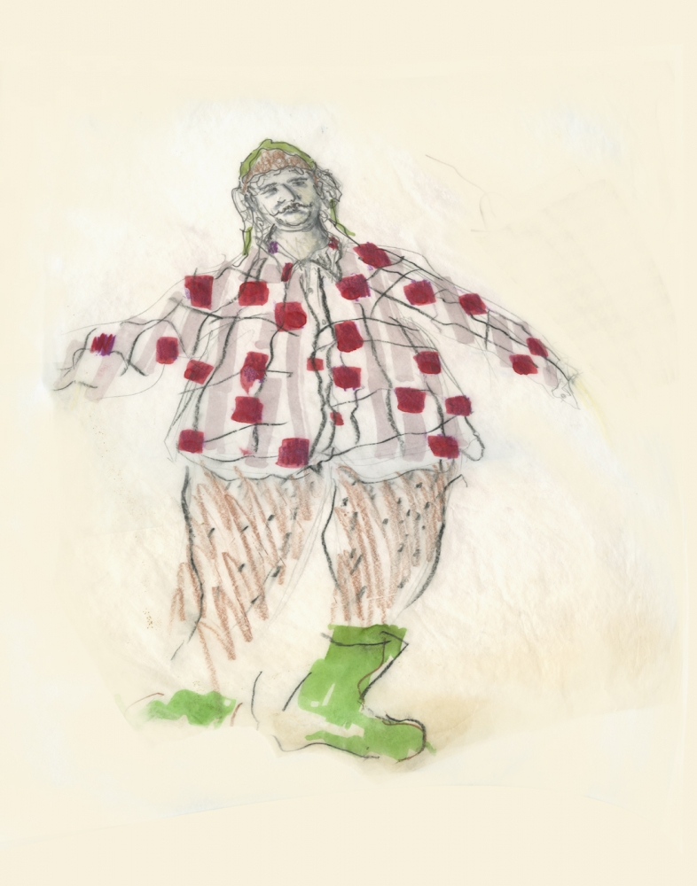 A sketch of a person wearing a red and white checkered shirt, baggy pants, and green boots, with arms outstretched. The figure has playful, exaggerated proportions. The background is a light, textured paper.
