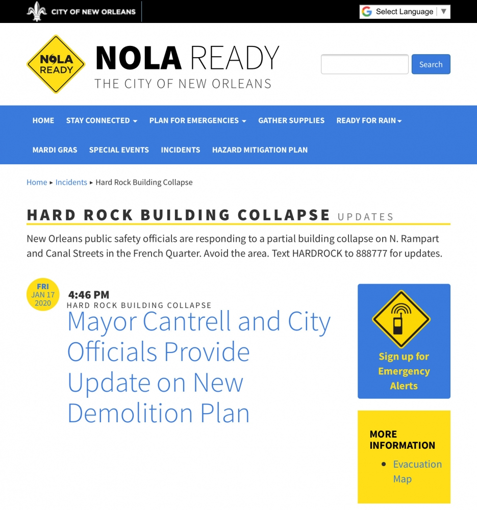 Screenshot of a webpage from NOLA Ready about the Hard Rock Building Collapse. Includes a heading about updates, a timestamp, and information on a new demolition plan. There is a sidebar with a yellow Sign up for Emergency Alerts section.