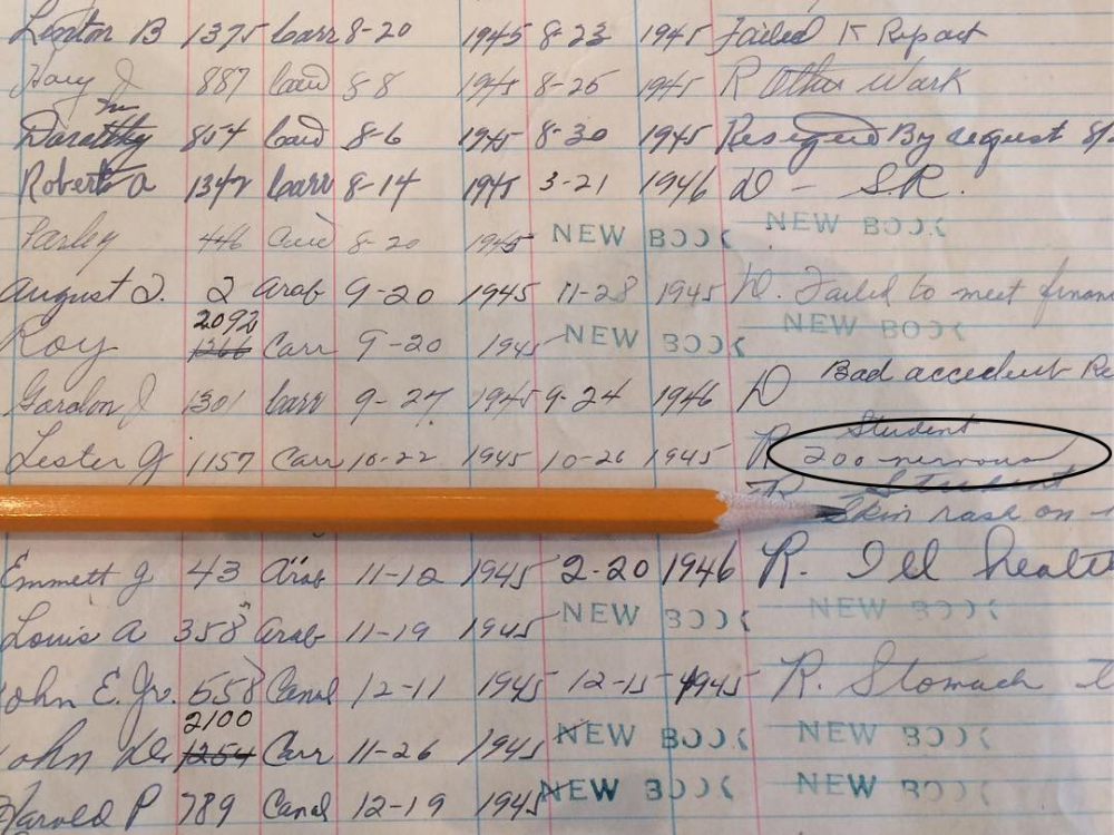 A vintage ledger page with handwritten entries in blue and black ink, detailing dates, names, codes, and notes. A sharpened orange pencil lies diagonally across the page. One entry circled with Student written next to it.