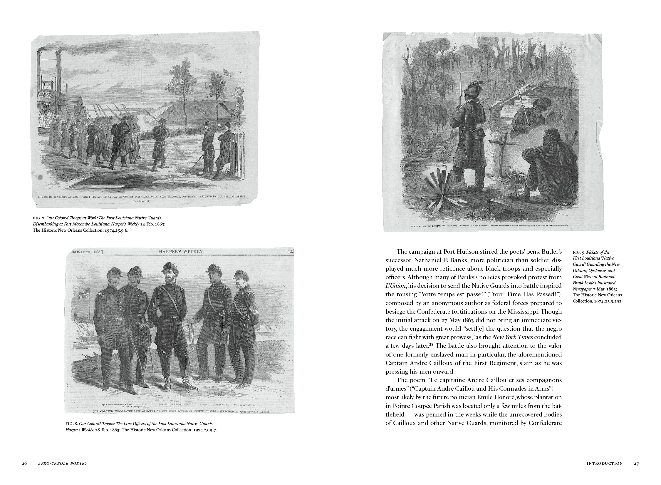 A page from a book displaying two historical black-and-white illustrations. One shows a group of sailors on a boat, and the other depicts officers in a meeting. Text accompanies each image, detailing scenes from the past.