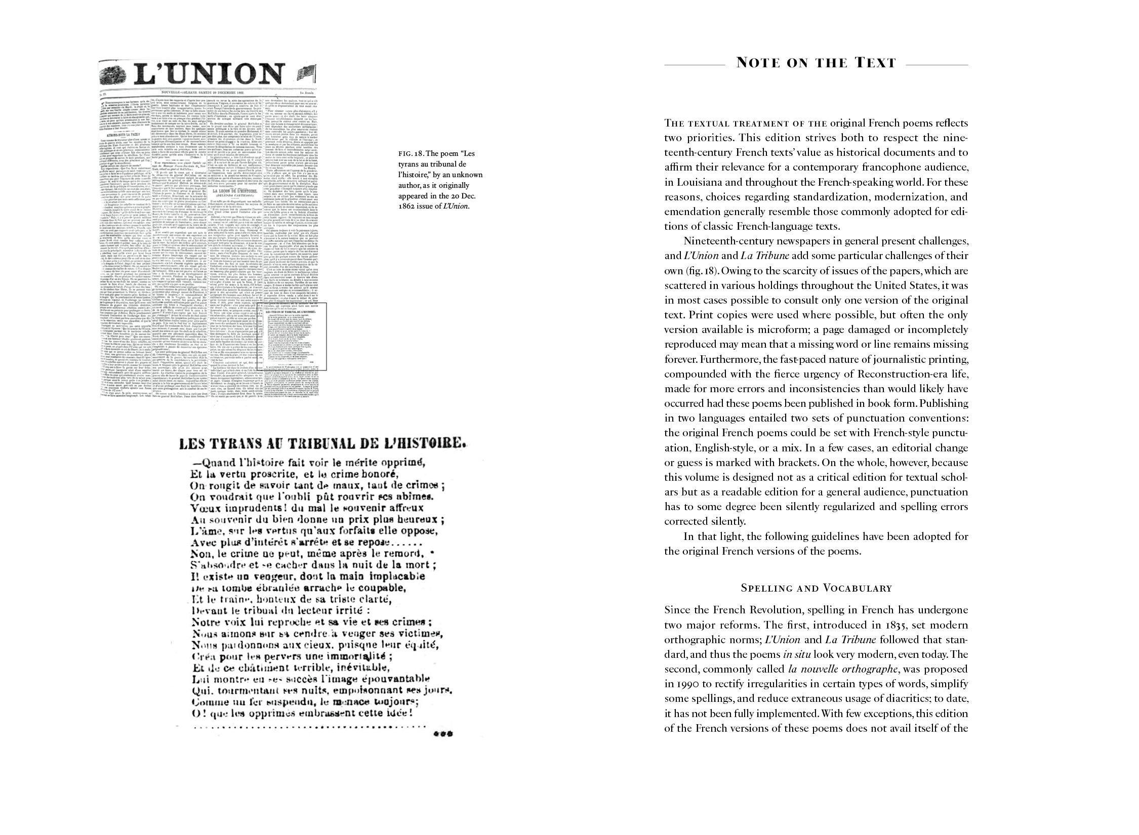 A spread from a book with two pages. The left page features an image of a historical newspaper titled LUnion and text in French titled Les Titans... in a column layout. The right page is in English, titled Note on the Text, discussing text formatting.