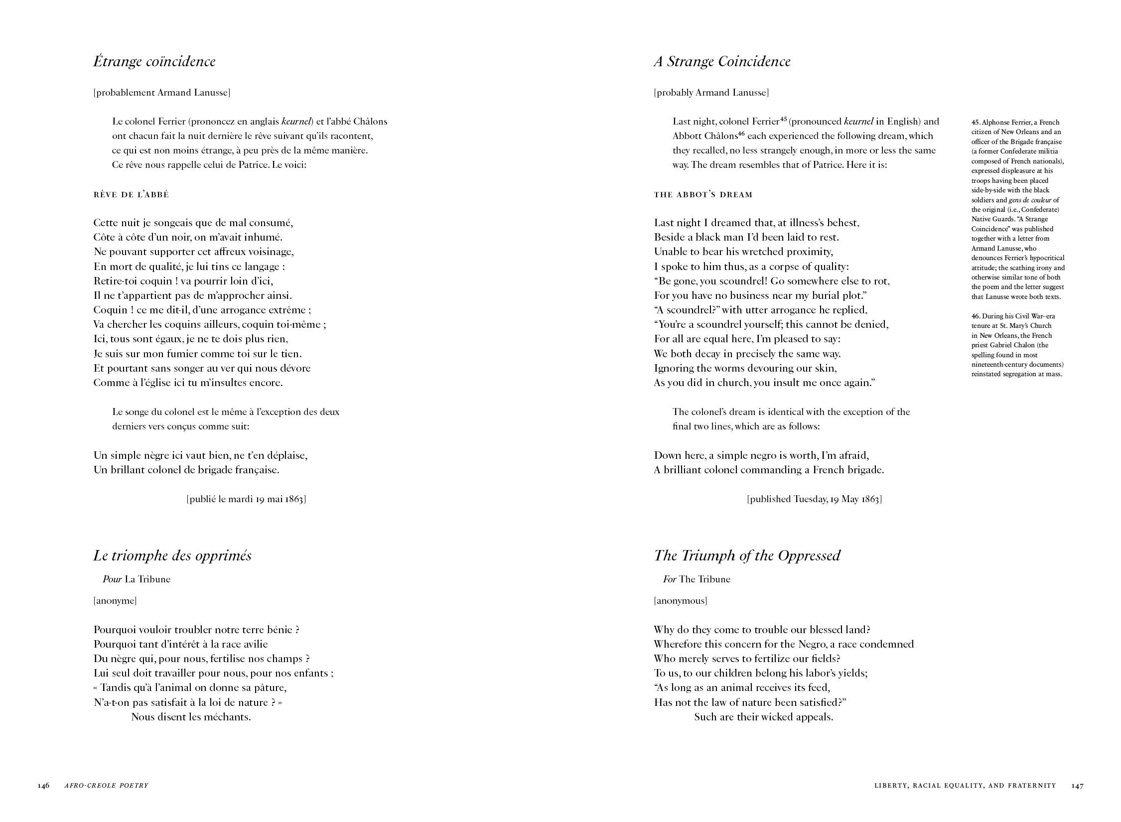 The image displays two pages from a poetry book. The left page features two French poems, Étrange coïncidence and Le triomphe des opprimés. The right page contains the English translations, A Strange Coincidence and The Triumph of the Oppressed.