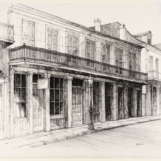 A detailed black and white sketch of a historical building with a balcony in an urban setting. The structure features shuttered windows, arches, and decorative ironwork. A lamp post stands on the sidewalk in front.