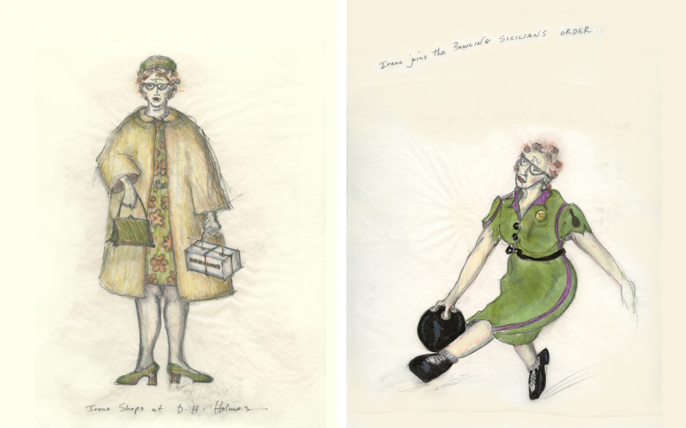 Left: A sketch of a woman in a vintage outfit with glasses, a yellow coat, and a handbag, holding shoe boxes. Right: A vintage sketch of a woman in a bowling pose, wearing a green dress and shoes, with Joins the Society of Sicilians text above.