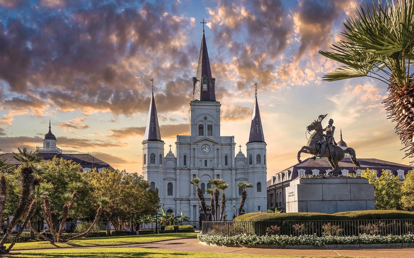 A photo of Jackson Square in New Orleans at sunset