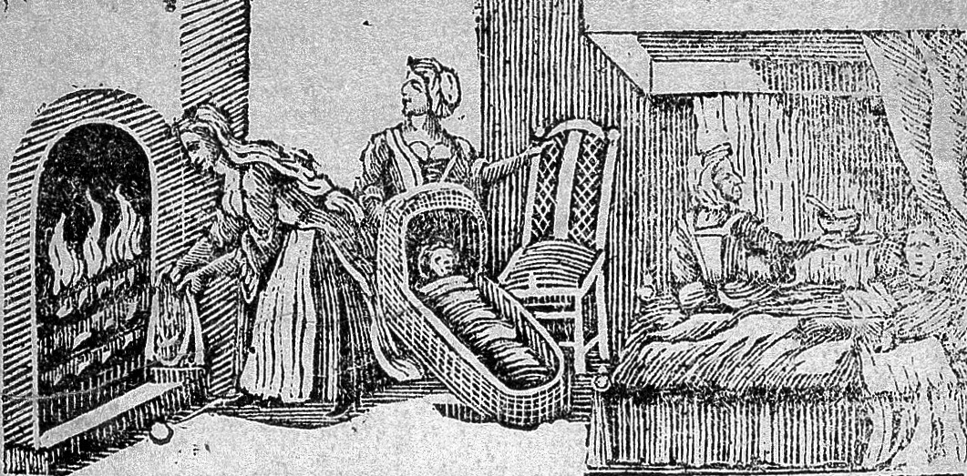 A historical illustration shows a cozy room with a fireplace on the left. A woman tends the fire while another woman stands nearby. A baby sleeps in a cradle, and a child sits in a bed with a small bowl.