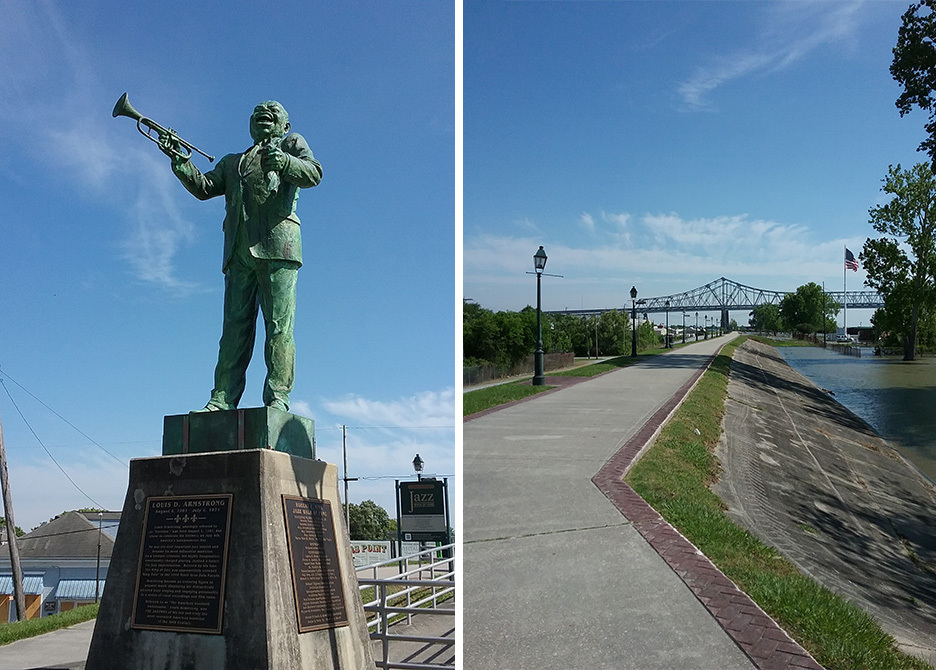 Split image: Left shows a statue of a trumpeter with a plaque at the base. Right displays a paved walkway along a canal with a bridge and an American flag in the distance under a clear blue sky.
