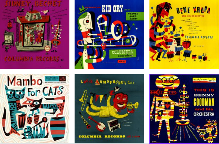 Six colorful vintage jazz album covers, featuring illustrations of musicians, instruments, and playful designs. Artists include Sidney Bechet, Kid Ory, Gene Krupa, Benny Goodman, Louis Armstrong, and a whimsical Mambo for Cats cover.