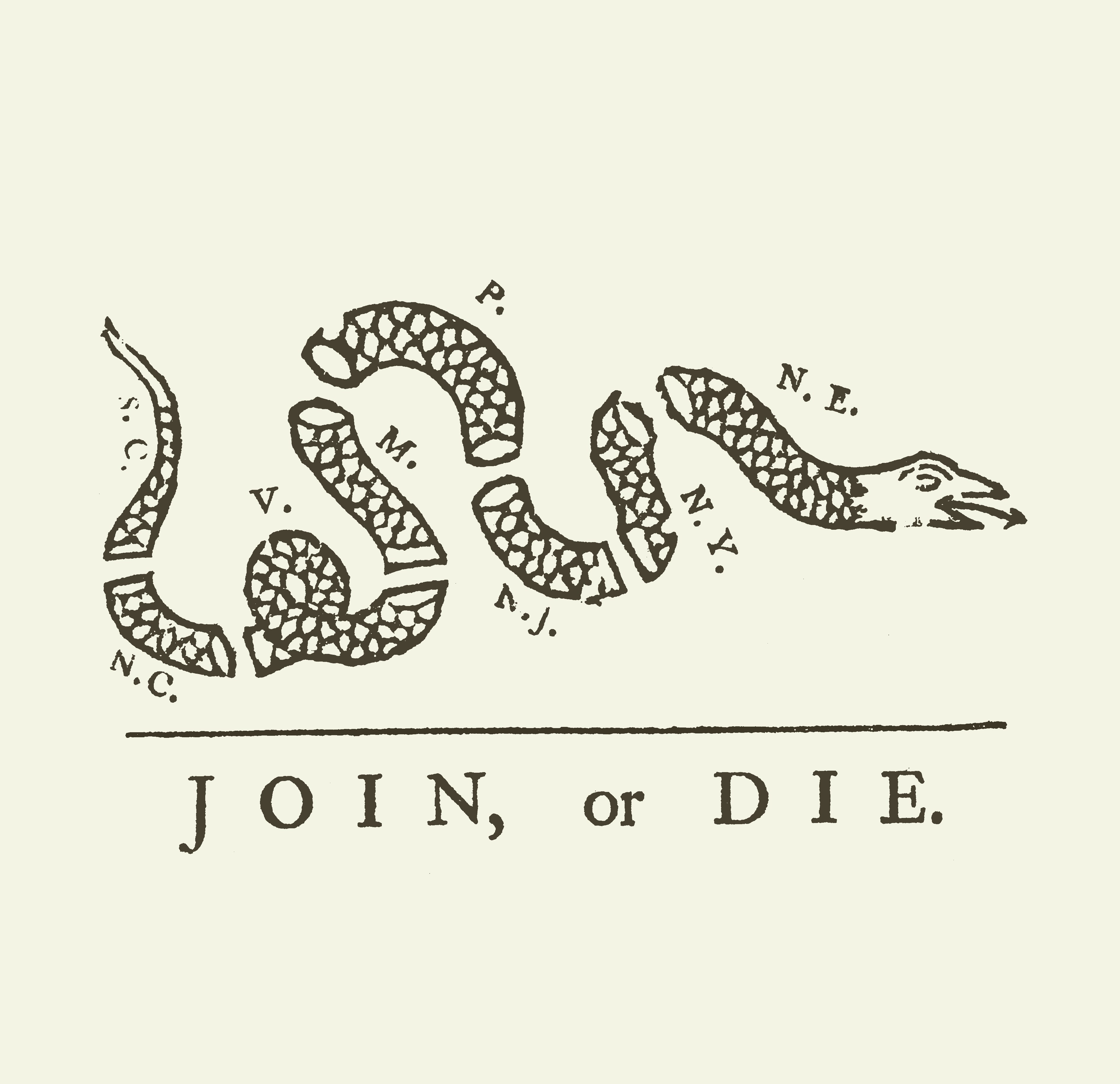 A vintage illustration of a segmented snake labeled with abbreviations for American colonies (N.E., N.Y., N.J., etc.) accompanied by the words JOIN, or DIE. This imagery symbolizes unity and cooperation among the colonies.