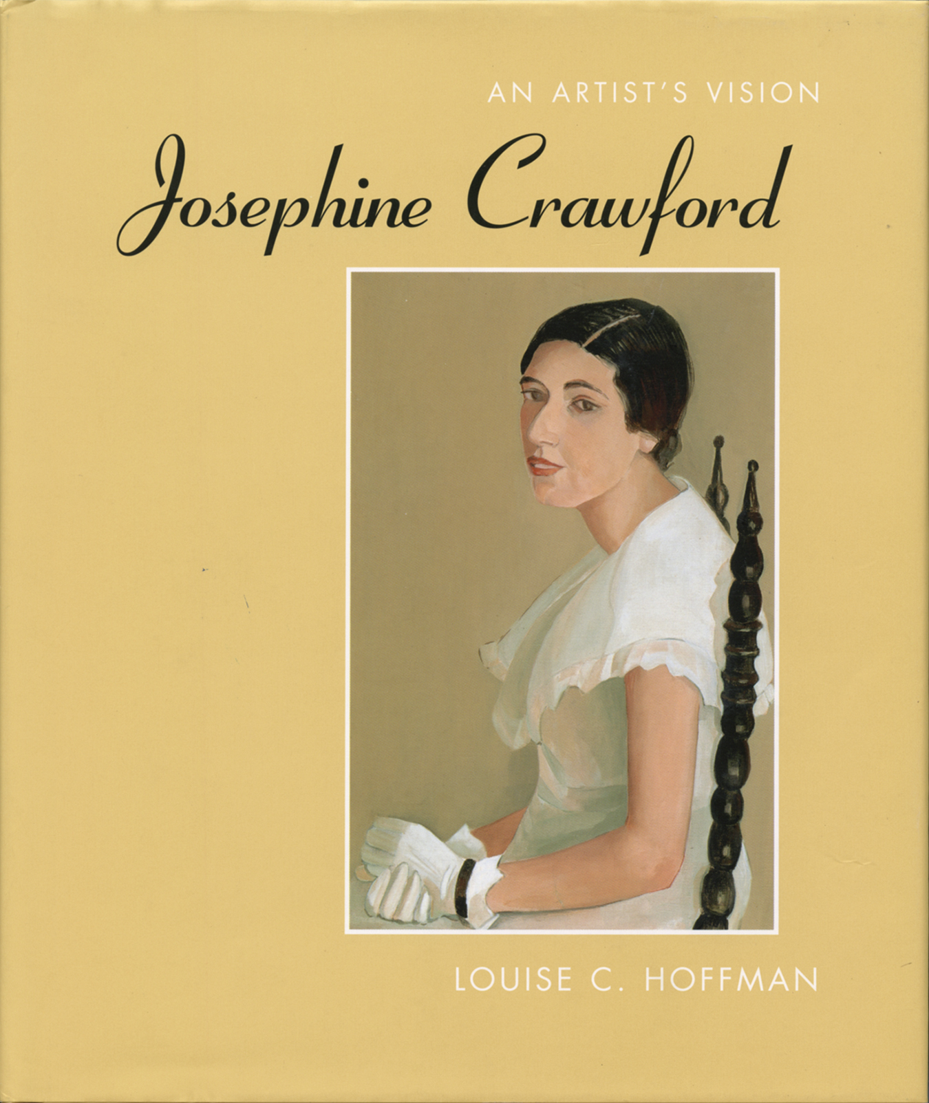 Book cover titled Josephine Crawford: An Artists Vision by Louise C. Hoffman. It features a painting of a woman in a white dress and gloves, seated on a chair, with a neutral expression against a soft background.