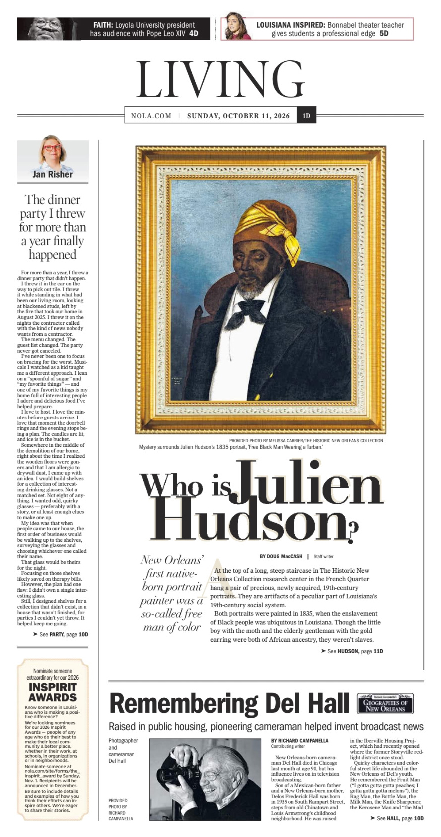 Image of the front page of the "Living" section of the October 10 Sunday edition of NOLA.com | The Times Picayune featuring an article about two Julien Hudson portraits acquired by HNOC.