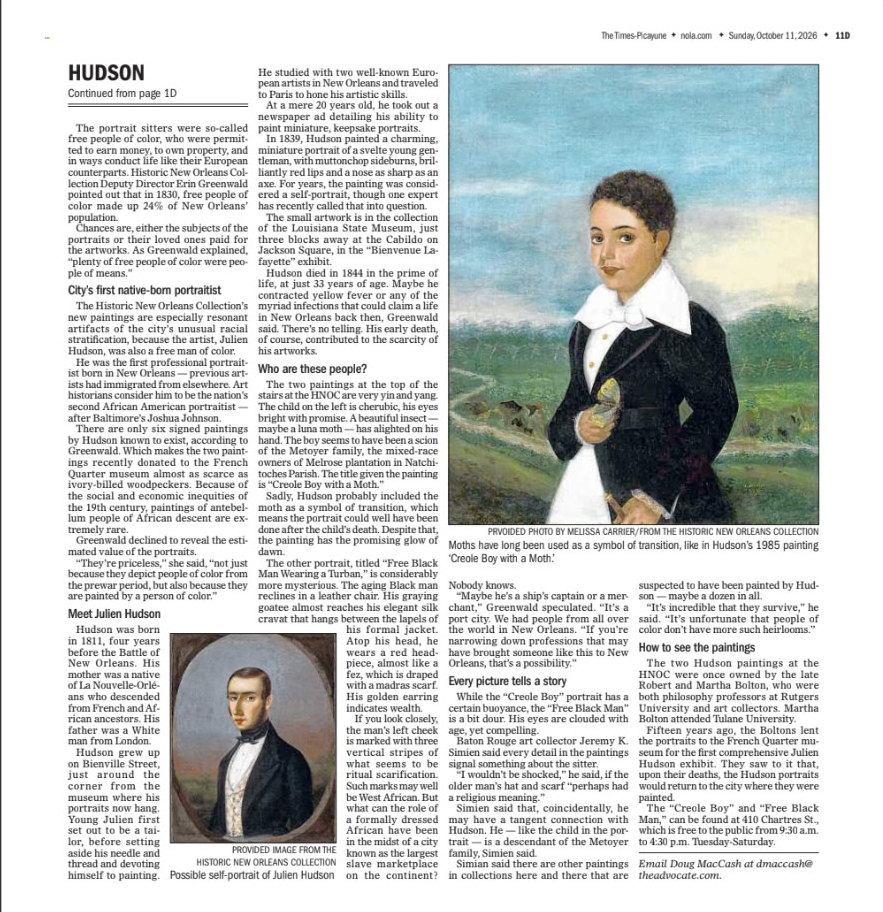Image of a back page of the "Living" section of the October 10 Sunday edition of NOLA.com | The Times Picayune featuring an article about two Julien Hudson portraits acquired by HNOC.