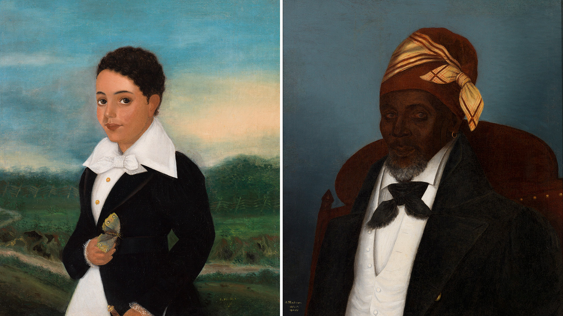 Two portraits by Julien Hudson paired side by side: "Creole Boy with a Moth" and Free Black man wearing a turban.