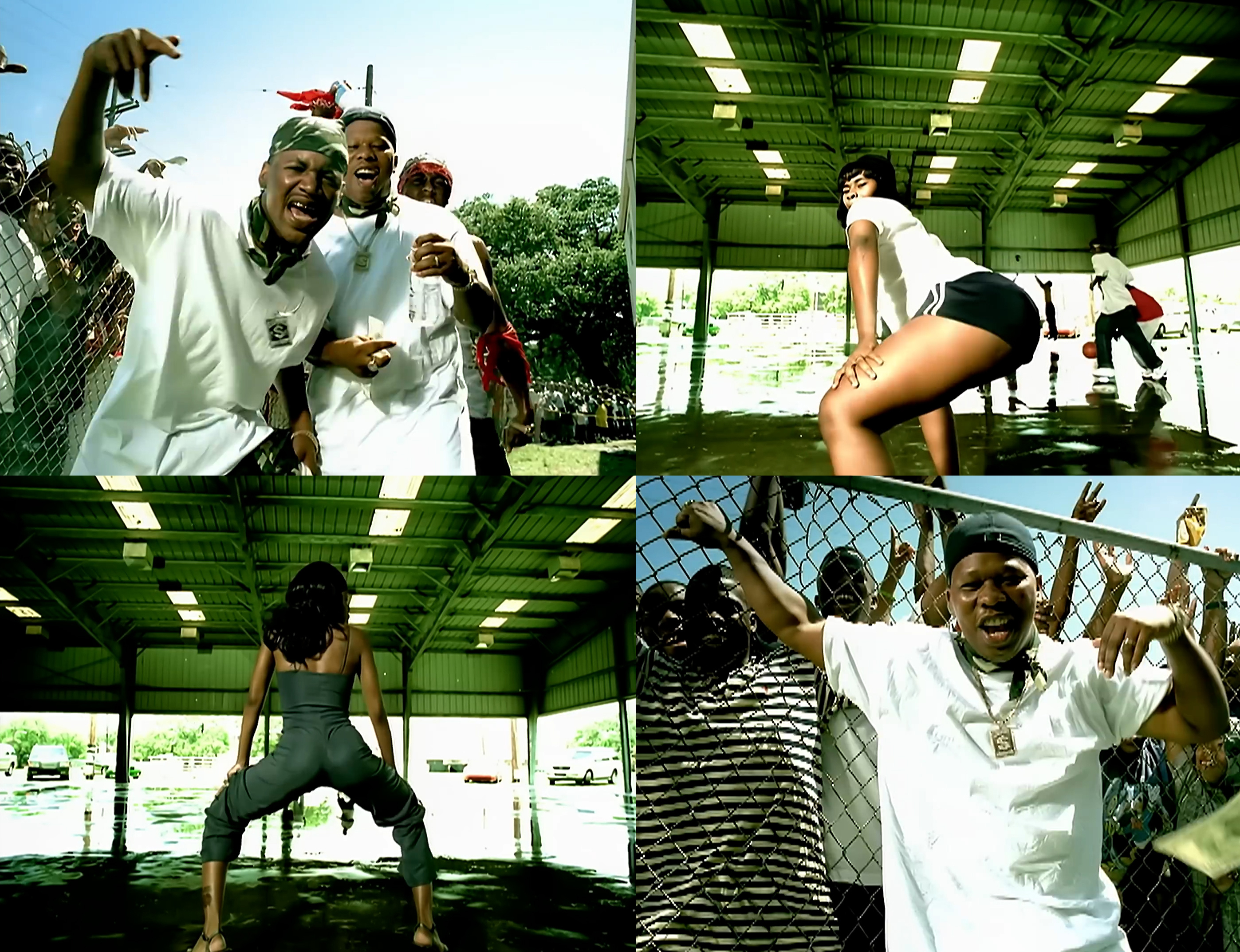 Four scenes in a collage: men smiling outside, a woman dancing indoors, a view of the same woman from behind, and a man smiling while leaning on a chain-link fence with friends. The setting is sunny and casual, in an urban environment.