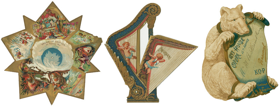 Three vintage illustrations: a star-shaped card with a snowy village scene, two cherubs playing harps on a harp-shaped card, and a bear holding a honey jar labeled Our House. Each card features intricate, colorful designs.