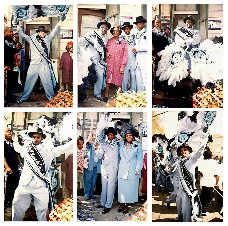 A collage of six images showing people in colorful, elaborate costumes with feathers and intricate designs. The group poses and dances on a street, celebrating in front of a building with onlookers nearby.