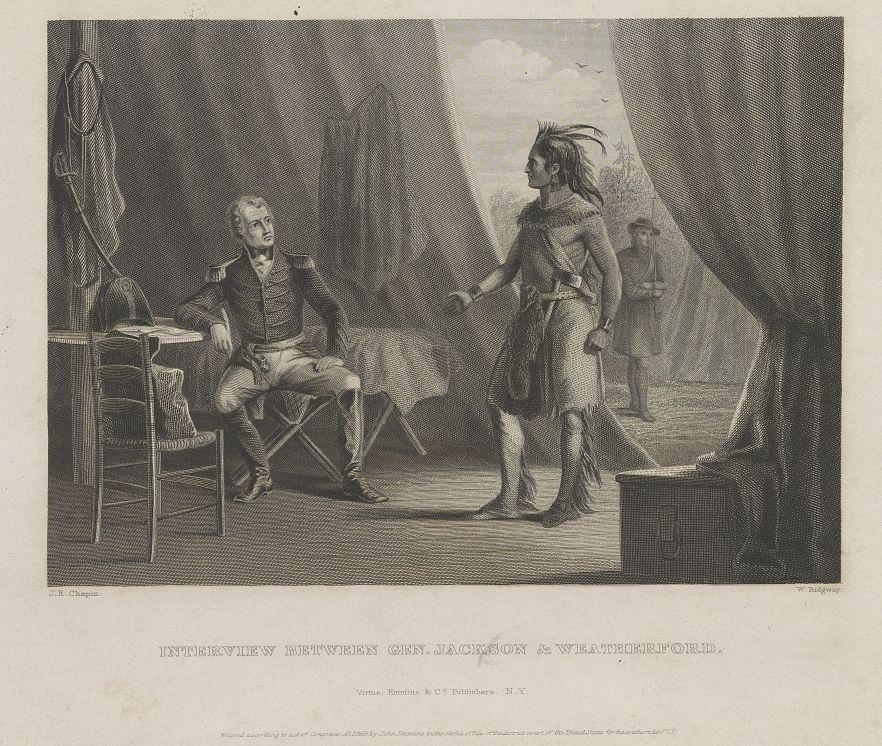 An engraved scene depicting an interview between General Jackson, seated left in a military uniform, and a Native American chief named Weatherford, standing right. They are inside a tent with another person visible in the background.