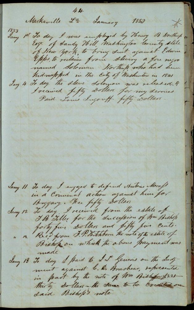 A handwritten page from a 19th-century ledger dated January 1853, with entries detailing financial transactions, debts, and credits. The ink is slightly faded, and the page shows signs of age with faint lines and a handwritten script.