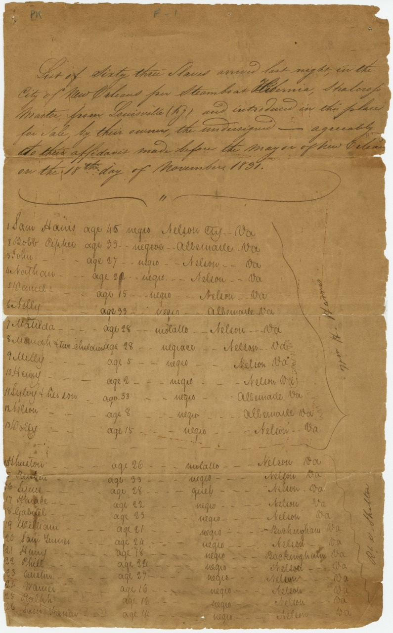 Old handwritten document on aged paper, listing individuals by name, age, and location. The text is cursive, with columns and rows detailing personal information from November 1785. The paper shows signs of wear and creases.