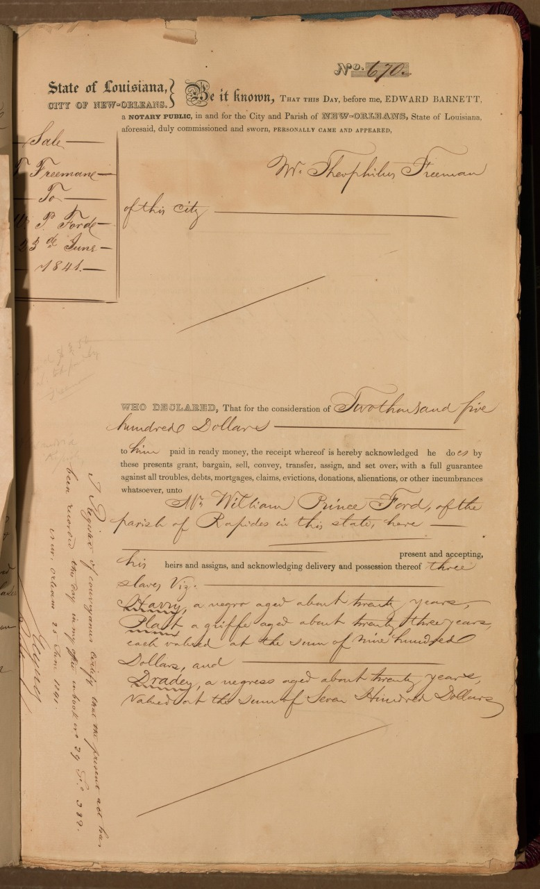 An old legal document from Louisiana. The text is slightly faded, handwritten in elegant script. There are signatures, marginal notes, and a small attached note on the left. The paper appears aged with a worn appearance.