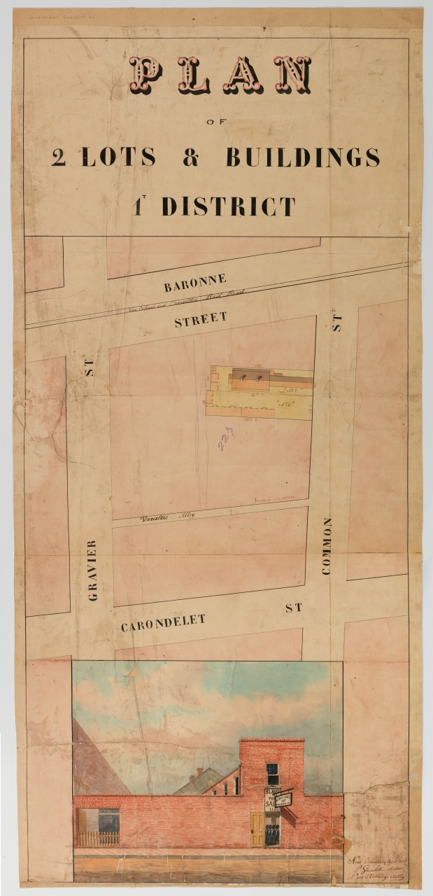 A historical architectural plan showing 2 lots and buildings in a district. The map includes Baronne Street, Common Street, Carondelet Street, and Gravier Street. There is an illustration of a red brick building at the bottom.