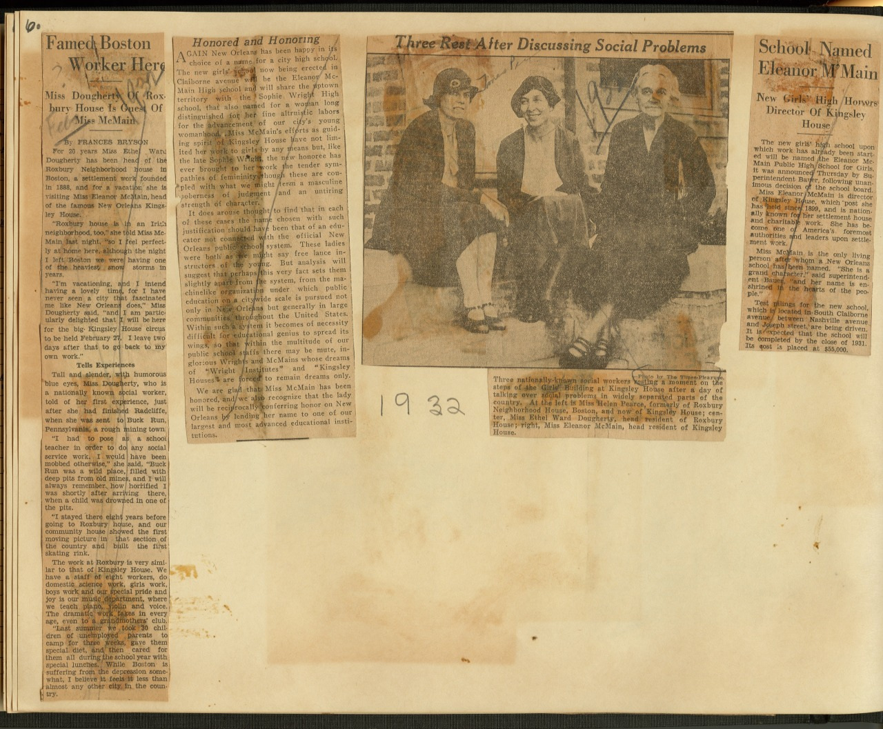 A vintage newspaper clipping featuring three women sitting together in front of a brick wall, dated 1932. The article headings discuss various social topics, including honoring individuals and naming a school after Eleanor V. Main.