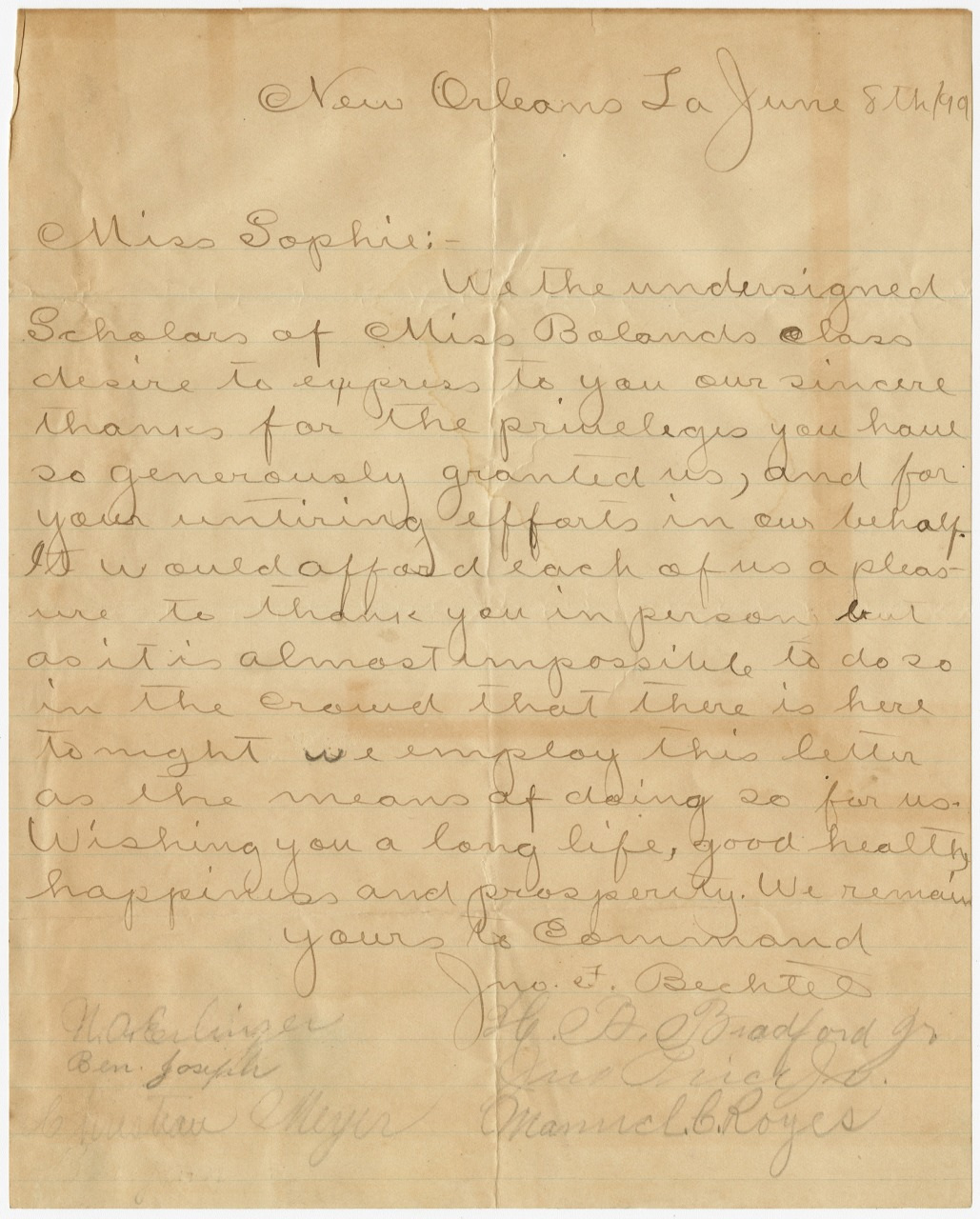 A handwritten letter dated June 8th, 1890, from New Orleans, addressed to Miss Sophie. The letter expresses gratitude for hospitality and is signed by multiple people, each followed by their respective school titles or affiliations.