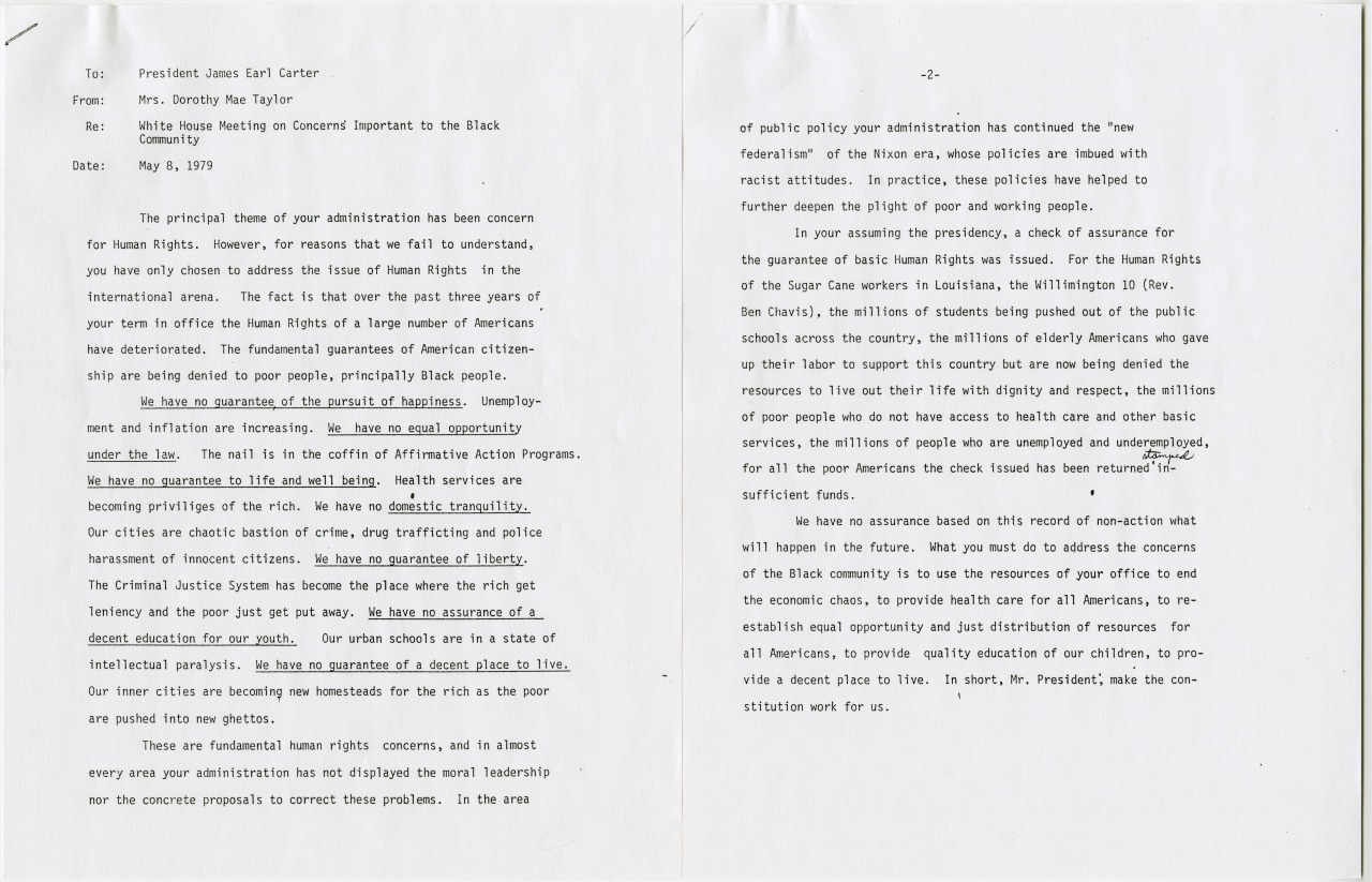 A typed letter addressed to President Jimmy Carter dated May 9, 1979. It discusses concerns about human rights and the federal budgets impact on the Black community, criticizing cuts to social services and programs aiding the poor and unemployed.