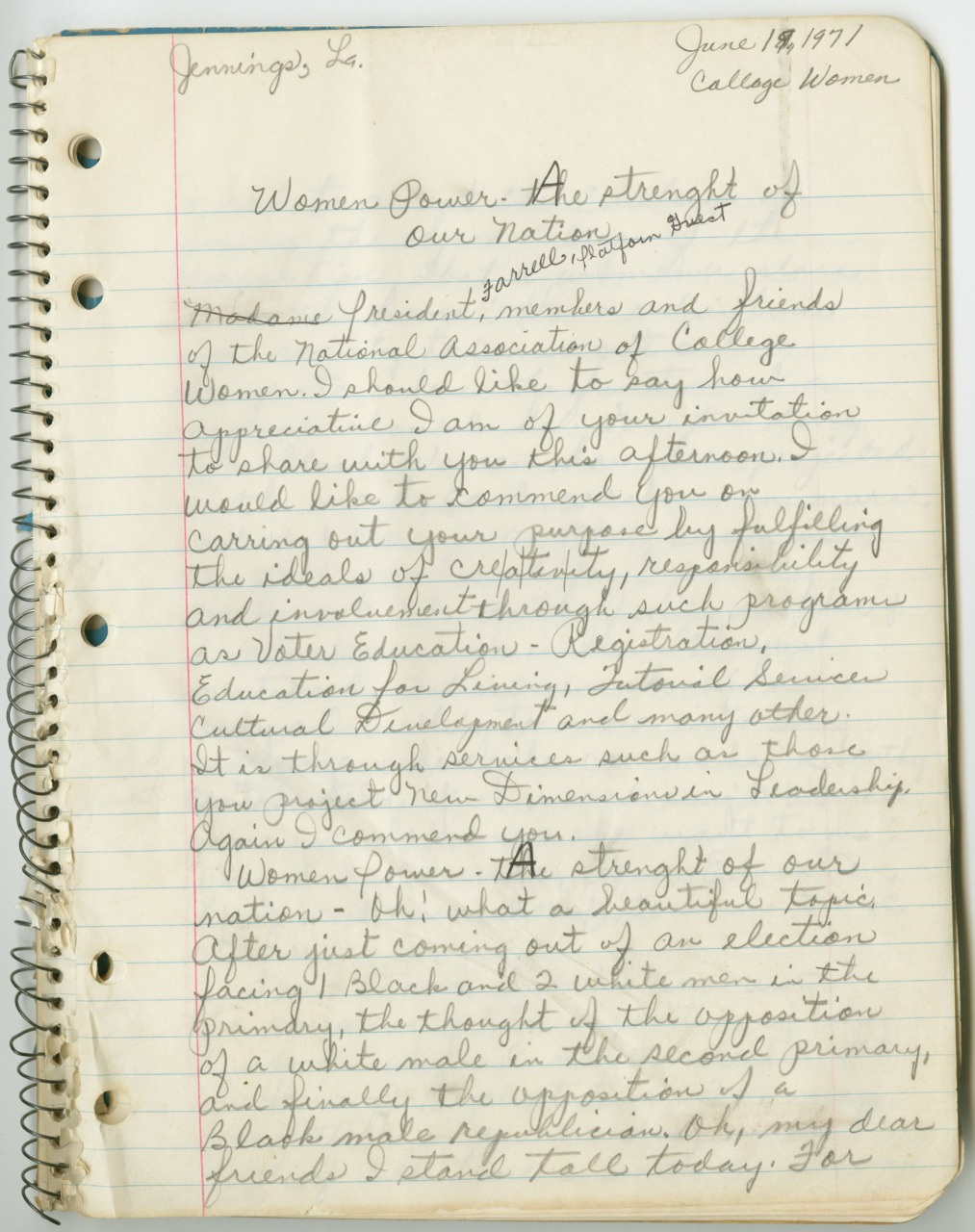 A handwritten letter on lined paper, dated June 18, 1971, addressed to the President and members of the National Association of College Women. It discusses the strength and influence of women power in community and national leadership.