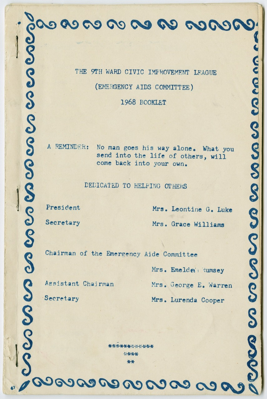 A vintage booklet cover titled The 9th Ward Civic Improvement League (Emergency Aids Committee) 1968 Booklet dedicated to helping others, listing names of committee members in a decorative border.