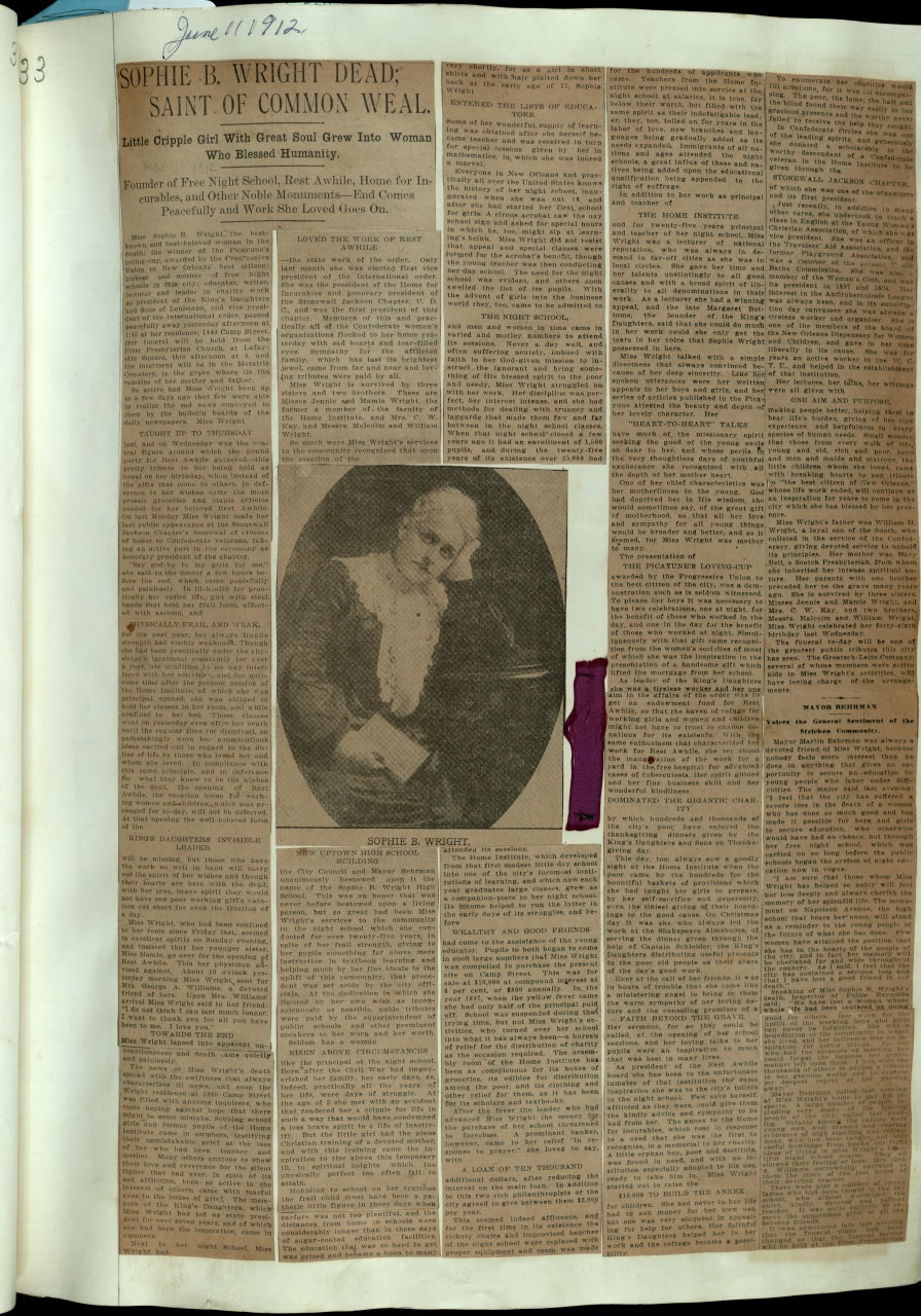 A vintage newspaper page featuring an article titled Sophie B. Wright Dead: Saint of Common Weal with an oval portrait of a woman in the center. The page is yellowed, indicating its age, and theres a purple ribbon pinned next to the image.