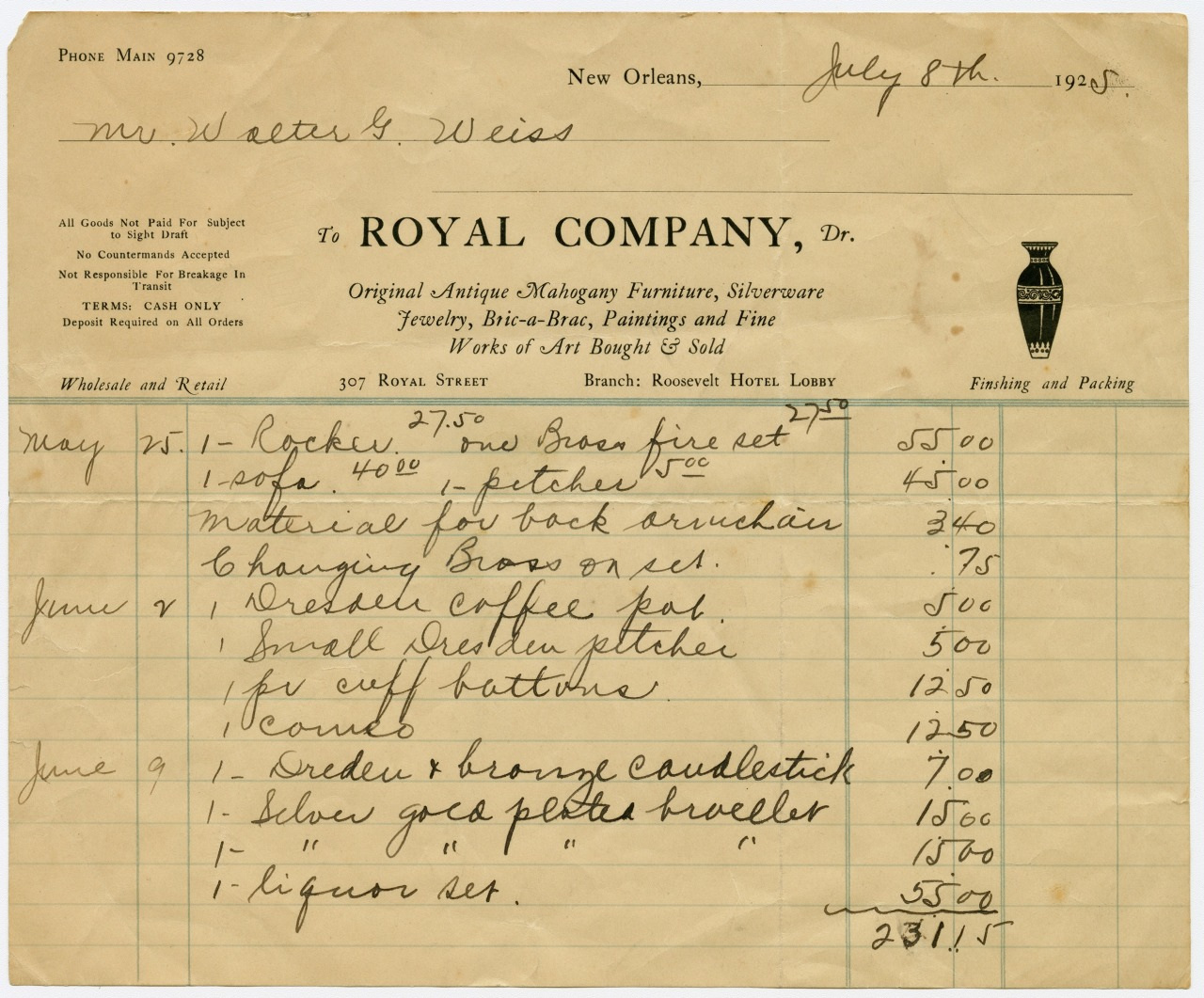 A vintage invoice from July 8th, 1925, for The Royal Company in New Orleans. It lists various items and prices, including a brass fire set, glass powder box, coffee pot, and more, totaling $2311.75.