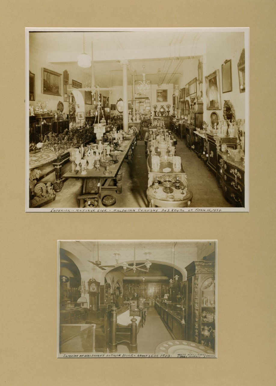 Two sepia-toned photographs of an antique shop interior, displaying various items like furniture, clocks, and decorative pieces on shelves and tables. The scenes are rich with detail, showcasing the stores extensive collection.
