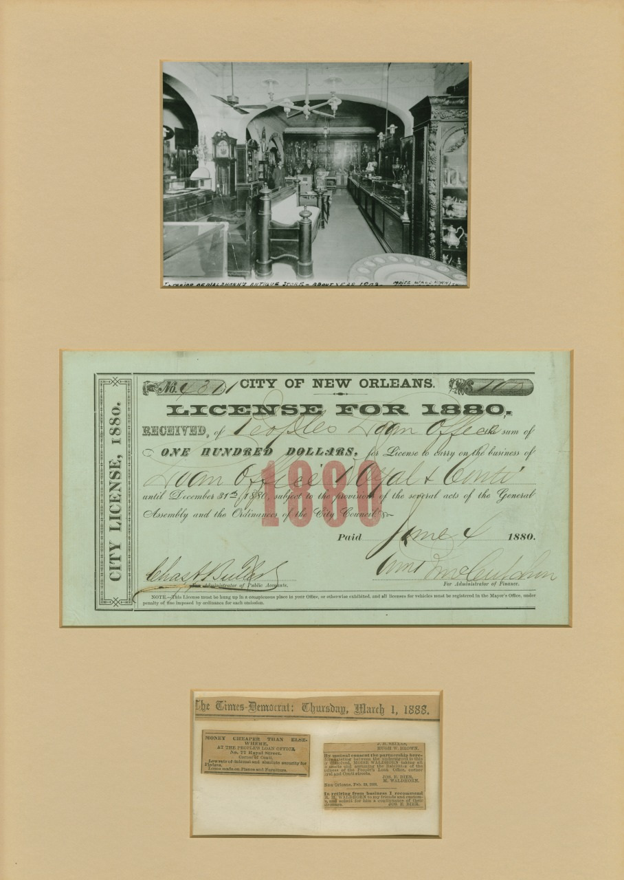 A vintage collage featuring a black-and-white photo of a store interior, a large 1880 New Orleans city license document, and a newspaper clipping dated March 1, 1888, from The Times-Democrat, all set against a beige background.