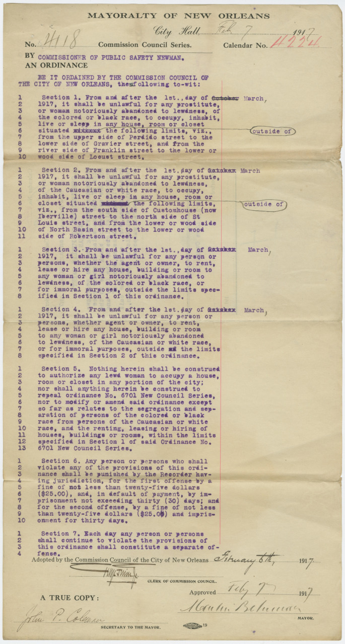 A vintage document titled Mayorality of New Orleans dated 1917, detailing city ordinances. The text is typewritten with handwritten annotations in blue and red ink. The document includes several numbered sections and signatures at the bottom.