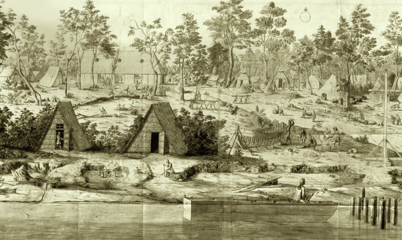 A sepia-toned illustration depicts an 18th-century indigenous village by a river. Teepees and thatched huts are surrounded by trees. A person paddles a canoe in the river. A decorative plaque with text and a legend is on the right.
