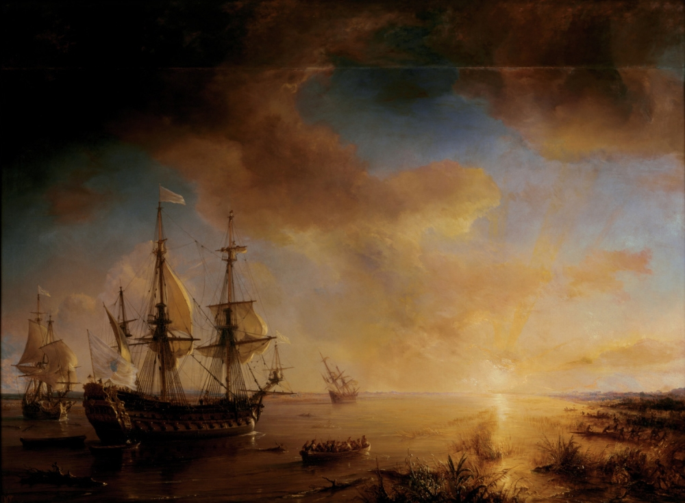 A dramatic seascape painting depicts a fleet of old sailing ships at sunset. The sky is filled with dark, billowing clouds, with rays of sunlight breaking through, illuminating the calm water. A small boat with people is seen in the foreground.