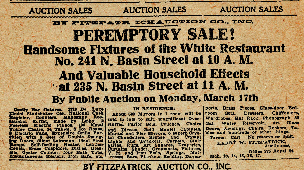 Vintage auction advertisement for the sale of fixtures at the White Restaurant, 241 N. Basin Street, and household effects at 235 N. Basin Street on Monday, March 17th. The ad is by Fitzpatrick Auction Co., with detailed item listings.