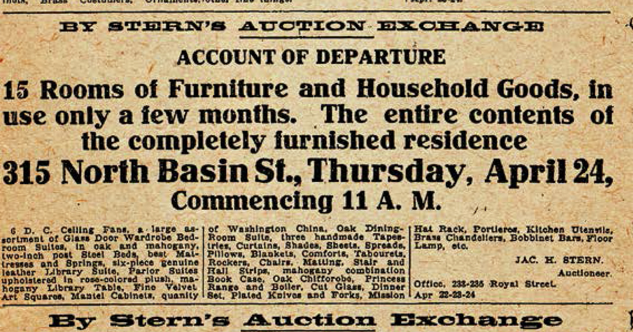 Vintage newspaper ad for Sterns Auction Exchange, announcing a sale of 15 rooms of furniture and household goods at 315 North Basin St. on Thursday, April 24, at 11 A.M. Includes items like dining sets, rug, and kitchenware. Contact info at the bottom.