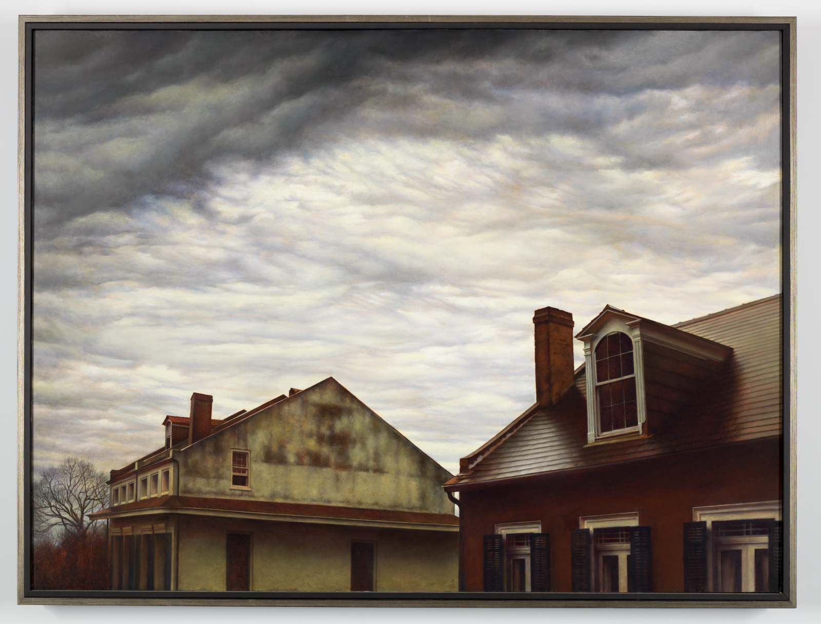 A painting of two adjacent houses under a moody, overcast sky. One house is light-colored with visible wear, while the other is darker with a prominent dormer window. The sky is dramatic with swirling clouds.