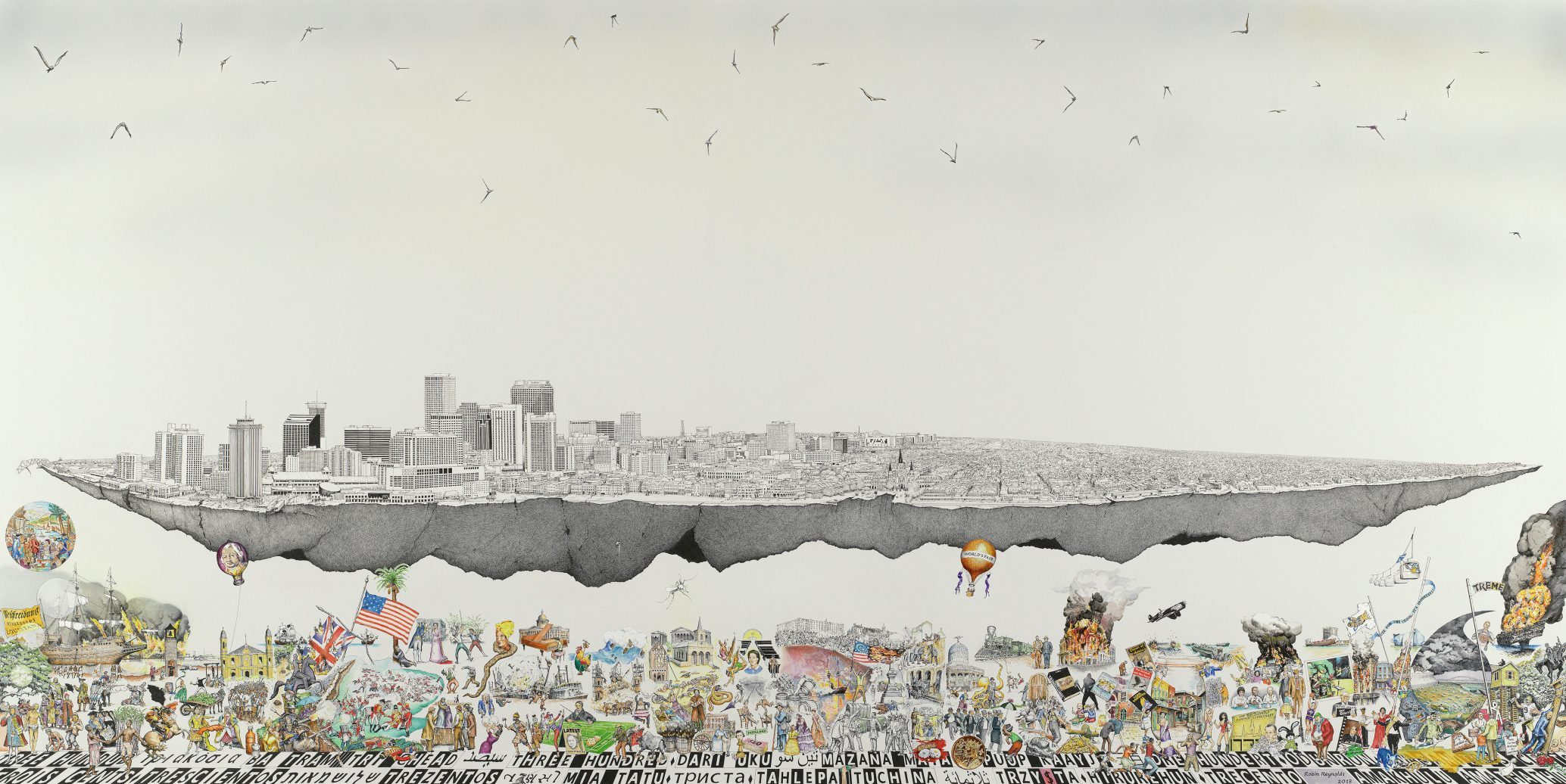 A surreal illustration depicts a floating cityscape above a chaotic, colorful scene filled with diverse figures, animals, and objects. Below, people engage in various activities, and birds fly in a clear sky. The bottom contains fragmented text.