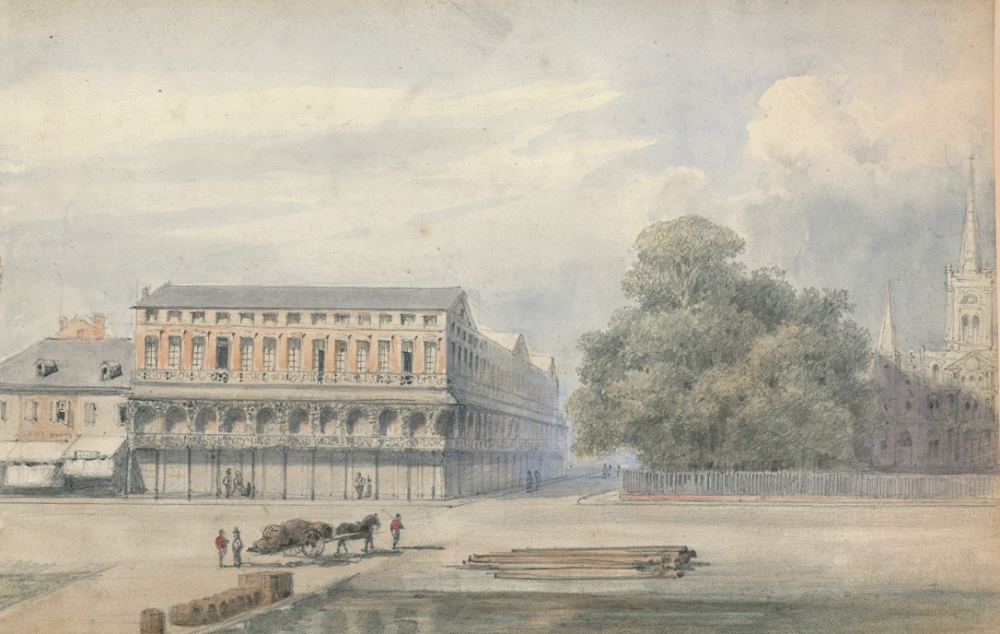 A 19th-century watercolor depicts a plaza with a horse-drawn cart, several people, and trees. A large building with balconies is on the left, and a church with a spire is visible in the distance. The sky is cloudy.